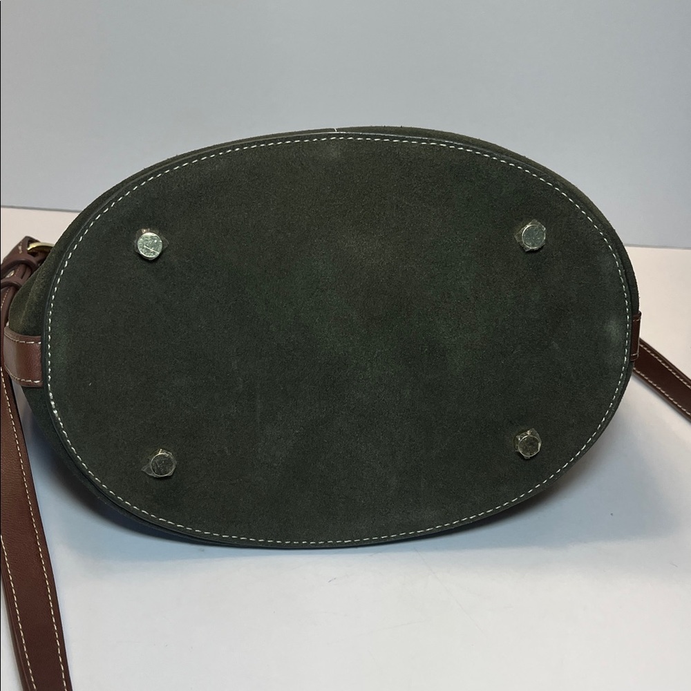 J. McLaughlin Ariana Green Suede Bucket Bag, brown leather trim - Picture 6 of 7